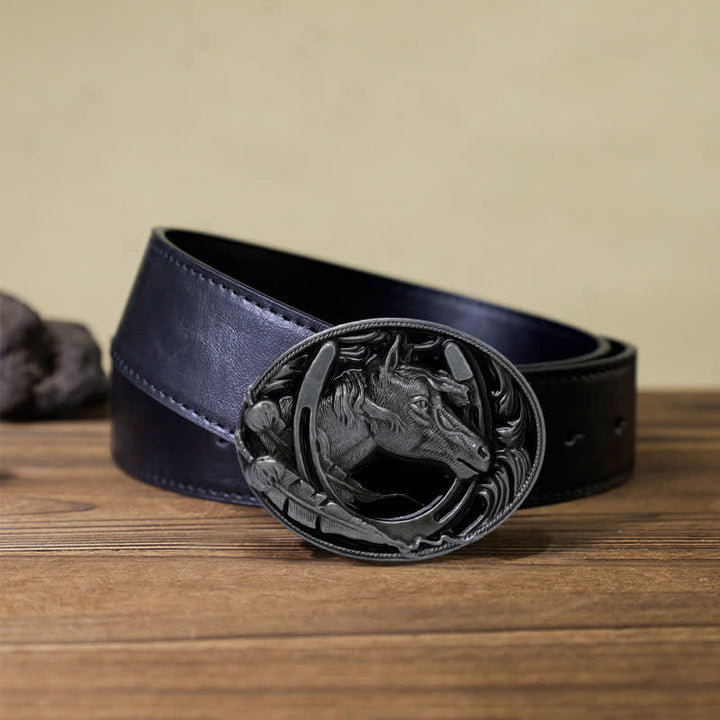 Cinturón de cuero con hebilla de esmalte negro y herradura para hombre hecho a mano