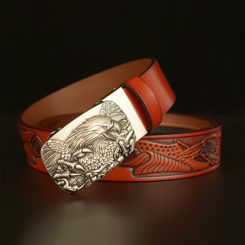 Cinturón de cuero con hebilla automática y alas de águila vintage para hombre