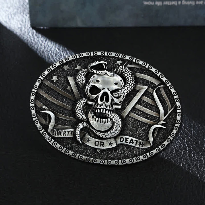 Cinturón de cuero con hebilla de calavera de serpiente "Libertad o muerte" para hombre, hecho a mano