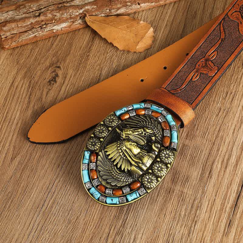 Cinturón de cuero turquesa con diseño bohemio indio para hombre