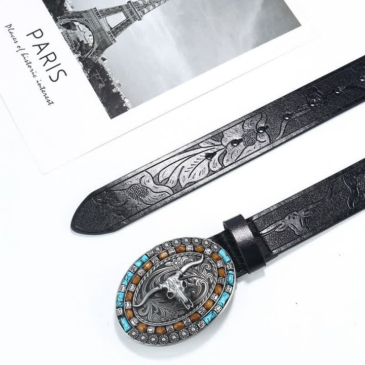 Cinturón de cuero de toro turquesa estilo vaquero occidental para hombre