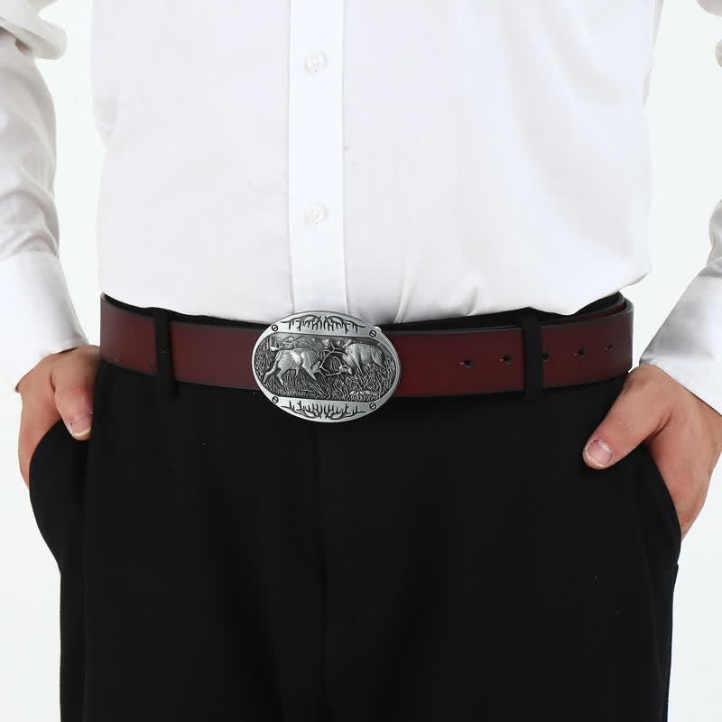 Cinturón de cuero estilo western con hebilla de ciervo salvaje para hombre, hecho a mano