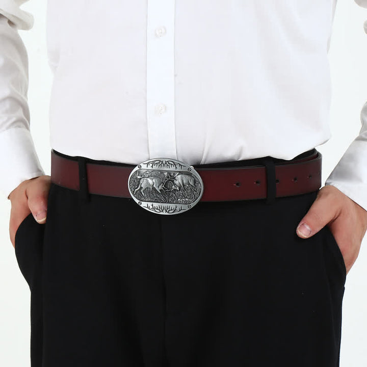 Cinturón de cuero estilo western con hebilla de ciervo salvaje para hombre, hecho a mano