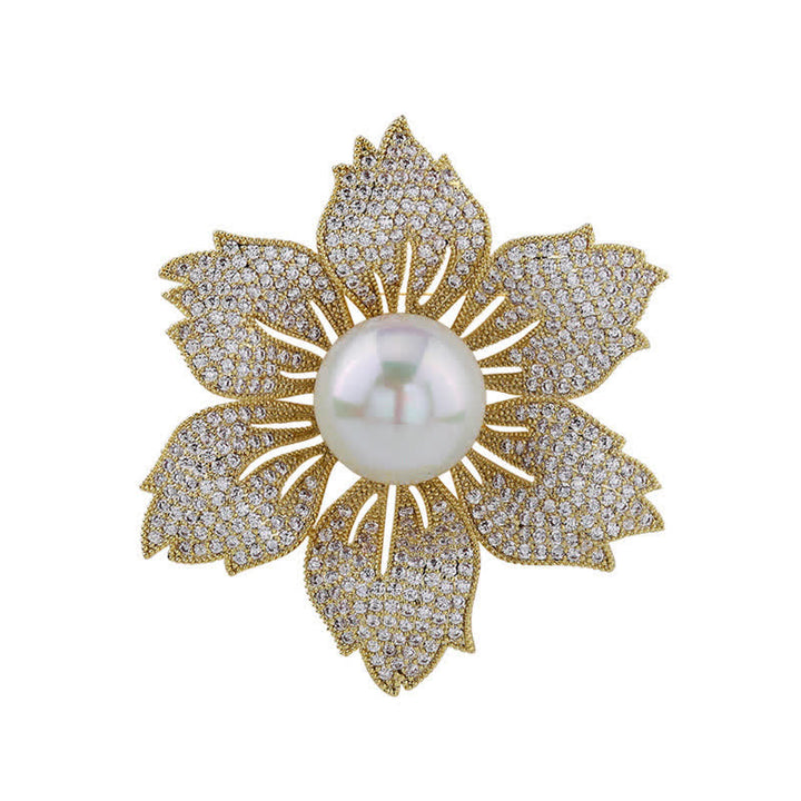 Broche de Bauhinia de lujo con perlas brillantes para mujer