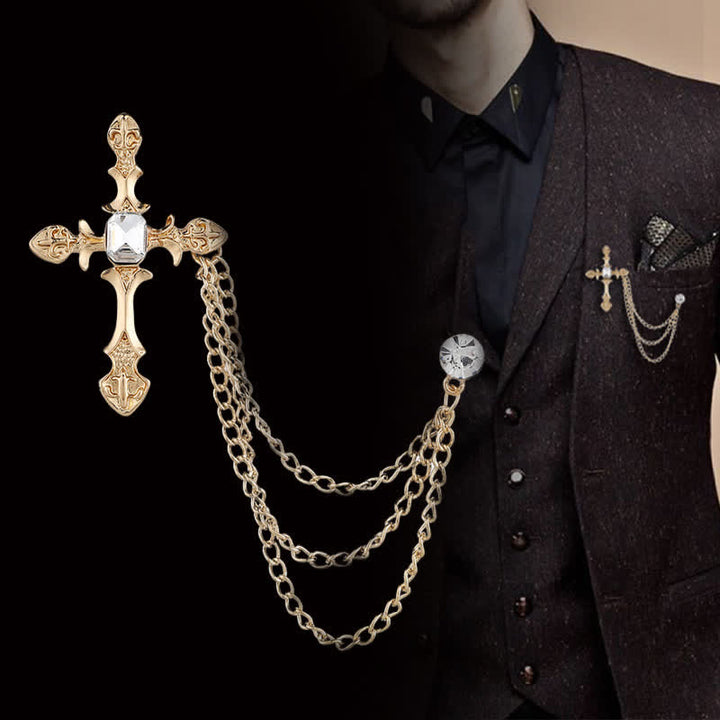 Broche clásico de cadena con cristales en forma de cruz para hombre