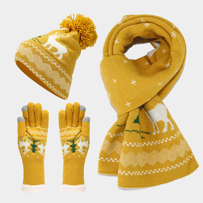 Conjunto de 3 guantes y bufanda de jacquard con diseño de reno para mujer