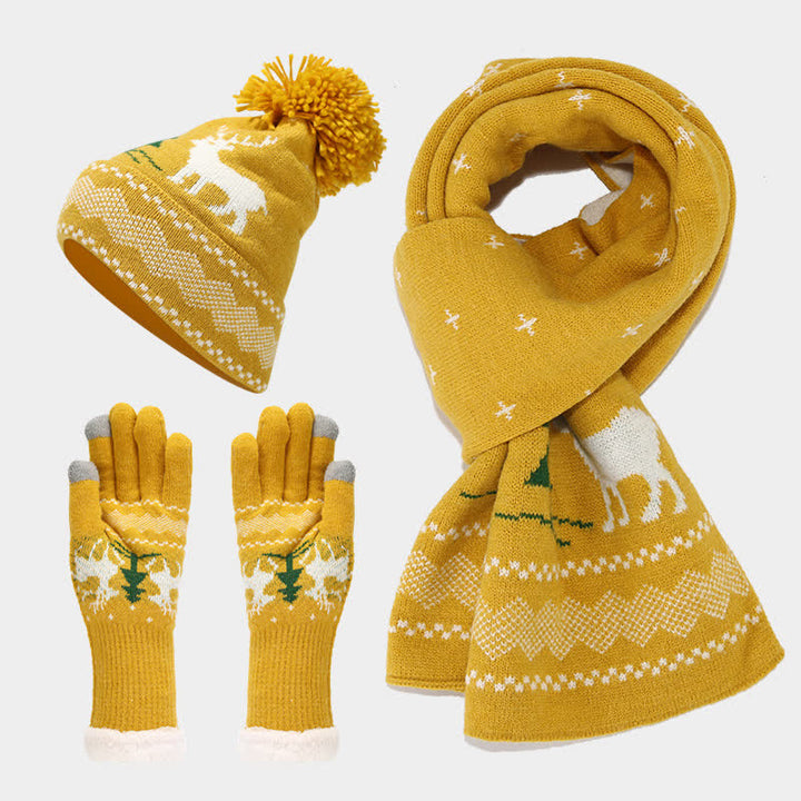 Conjunto de 3 guantes y bufanda de jacquard con diseño de reno para mujer