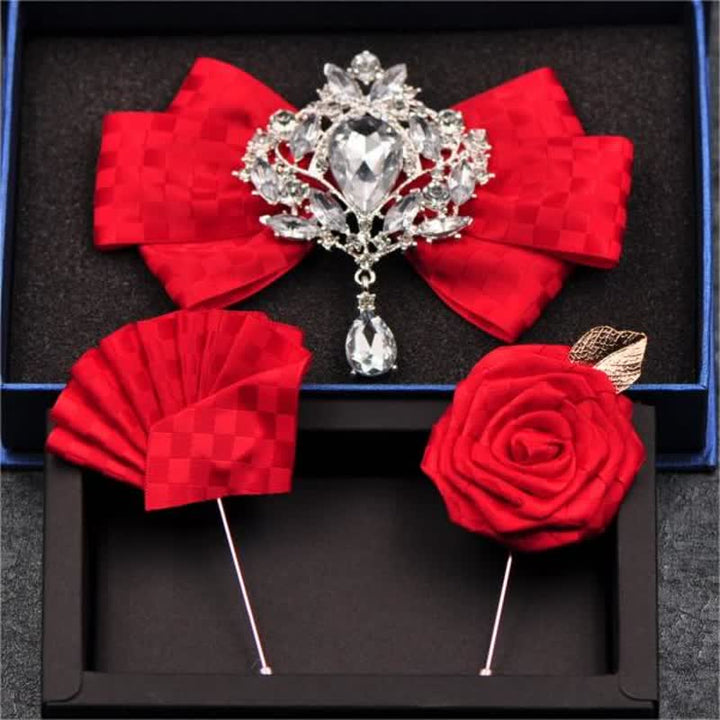 Juego de 3 broches y pajaritas con diamantes de imitación a cuadros