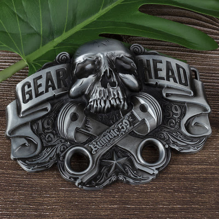 Cinturón de cuero con hebilla de calavera de pistón para hombre, hecho a mano con Gear Head