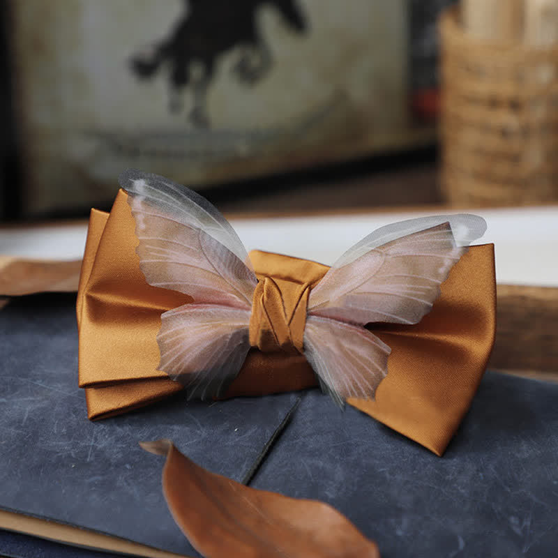 Conjunto de pajarita y pañuelo de bolsillo de organza vintage con mariposas para hombre