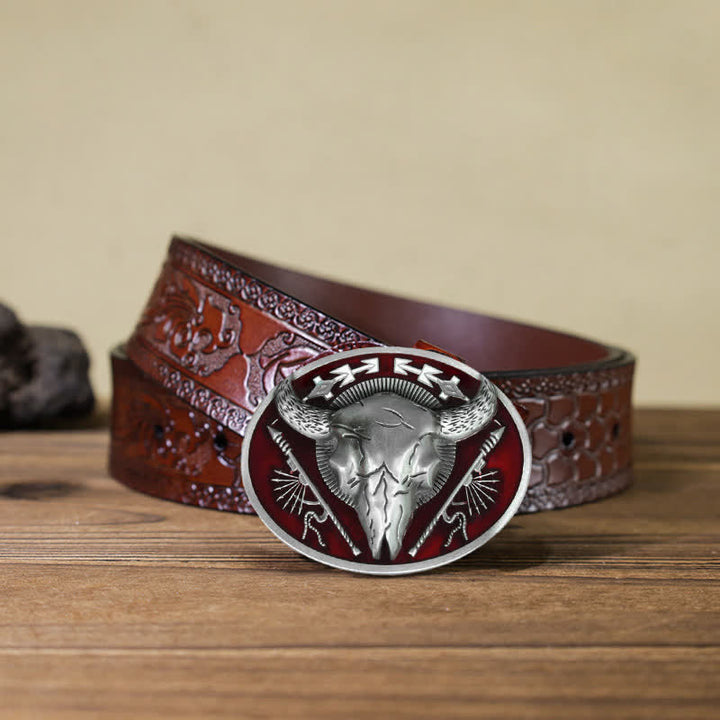 Cinturón de cuero con hebilla de calavera de toro con temática india para hombre hecho a mano