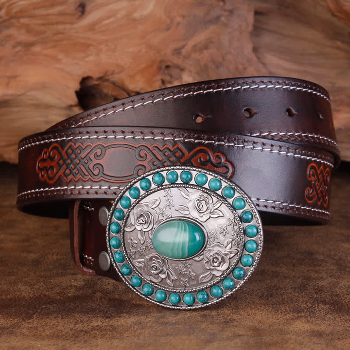 Cinturón unisex de piel de ágata de jade y turquesa rosa tallada