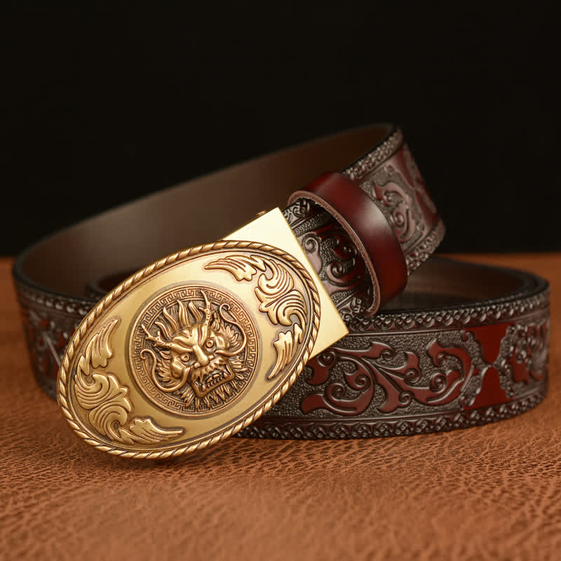Cinturón de cuero con hebilla elíptica y diseño de dragón para hombre