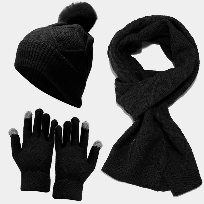 Conjunto de 3 gorros, bufandas y guantes con pompones de diamantes para mujer