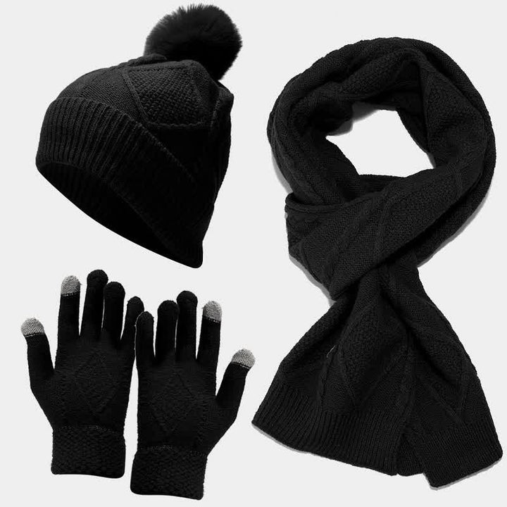 Conjunto de 3 gorros, bufandas y guantes con pompones de diamantes para mujer