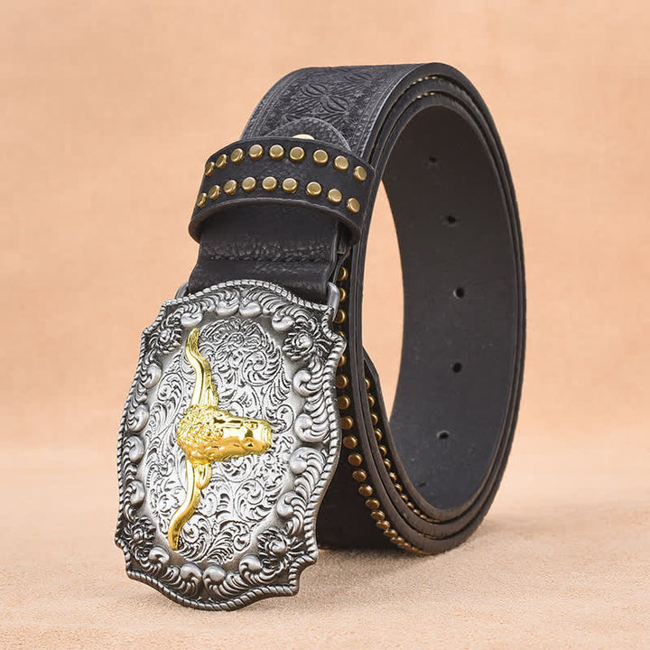 Cinturón de cuero de toro longhorn dorado con remaches punk para hombre