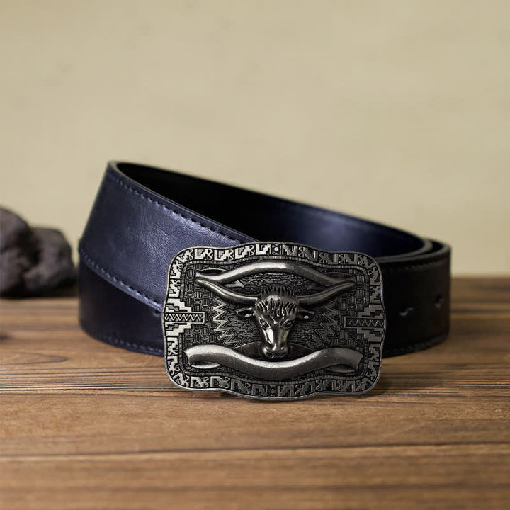 Cinturón de cuero con hebilla cuadrada de toro Longhorn para hombre, hecho a mano, en plata