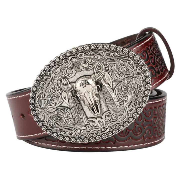 Cinturón de cuero para jeans con pluma grabada de toro para hombre