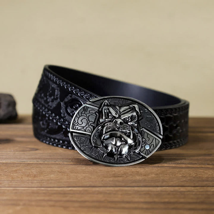 Cinturón de cuero con cuchillo plegable oculto para hombre, hecho a mano con forma de perro feroz