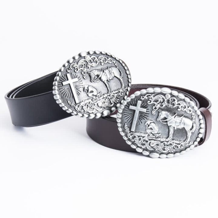 Cinturón de cuero con cruz de corcel para oración arrodillada para hombre