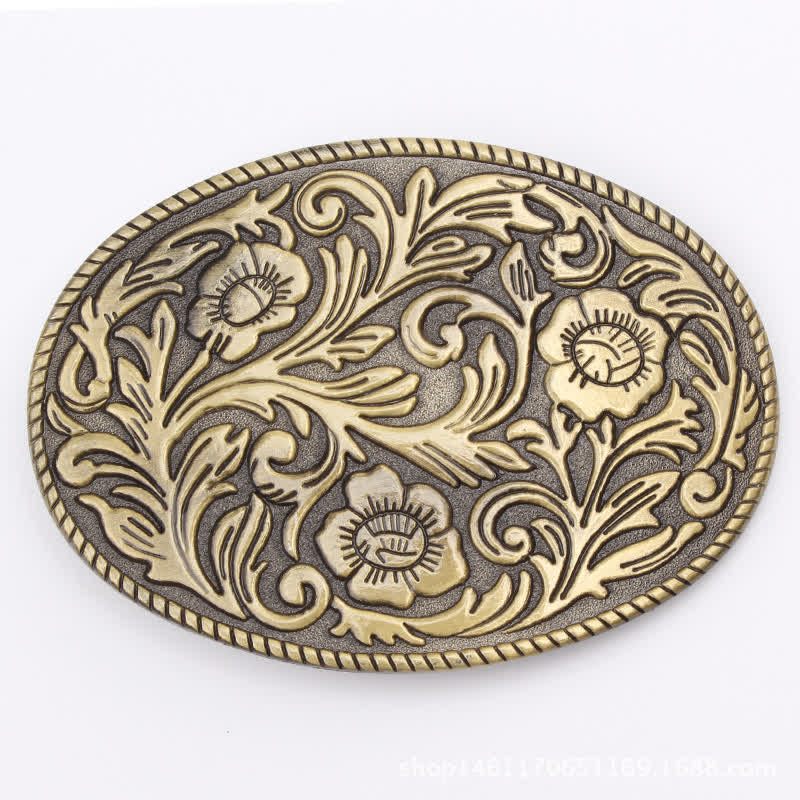 Cinturón de cuero con hebilla ovalada y diseño floral clásico para hombre hecho a mano
