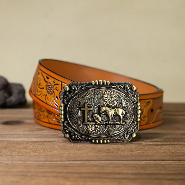 Cinturón de cuero con hebilla de oración de rodillas con cruz de caballo para hombre hecho a mano