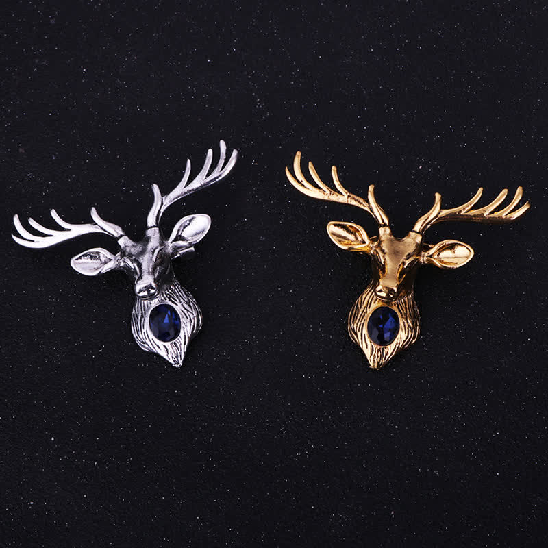 Broche de ciervo con gema azul majestuosa para hombre