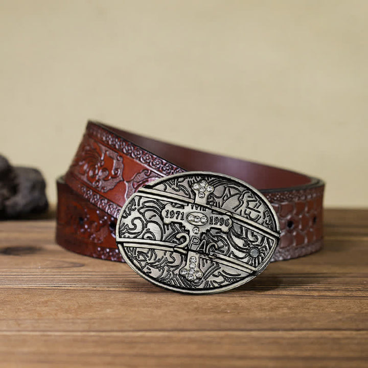 Cinturón de cuero con cuchillo plegable oculto con cruz pequeña para hombre
