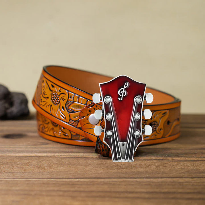 Cinturón de cuero con hebilla de clavijero de guitarra musical para hombre hecho a mano