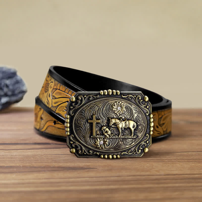 Cinturón de cuero con hebilla de oración de rodillas con cruz de caballo para hombre hecho a mano
