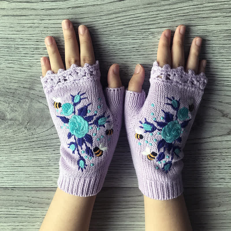 Guantes de punto de medio dedo con bordado de flores para mujer