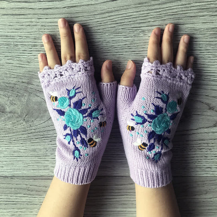 Guantes de punto de medio dedo con bordado de flores para mujer