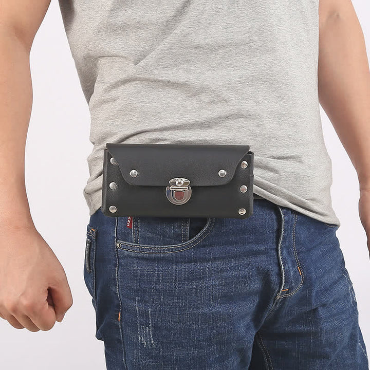 Cinturón de cuero universal para teléfono con botón decorativo con remaches