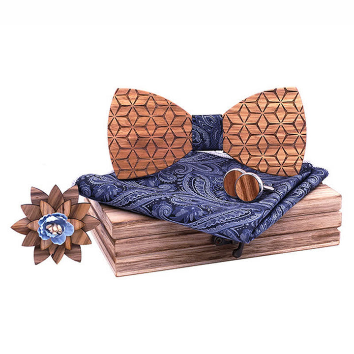Juego de 4 pajaritas de madera con tallado geométrico para hombre