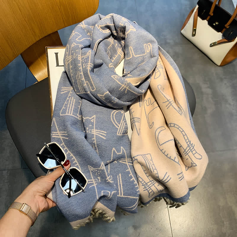 Bufanda tipo chal de doble cara con estampado de gato para mujer