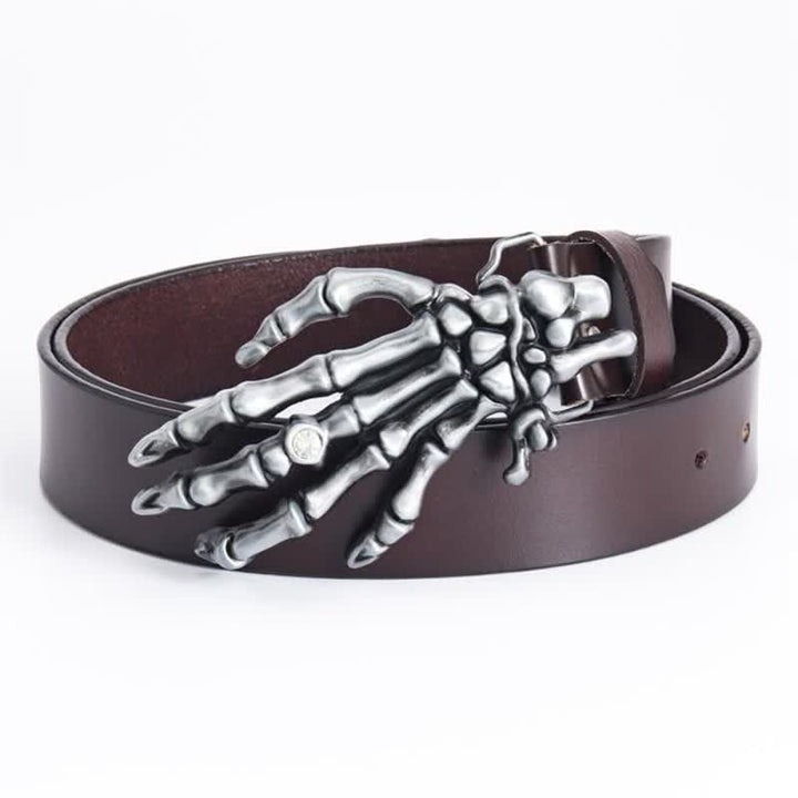 Cinturón de cuero con diseño de mano de esqueleto estilo rock punk para hombre