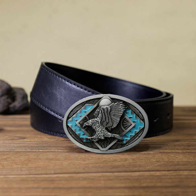 Cinturón de cuero con hebilla de águila esmaltada para hombre, hecho a mano
