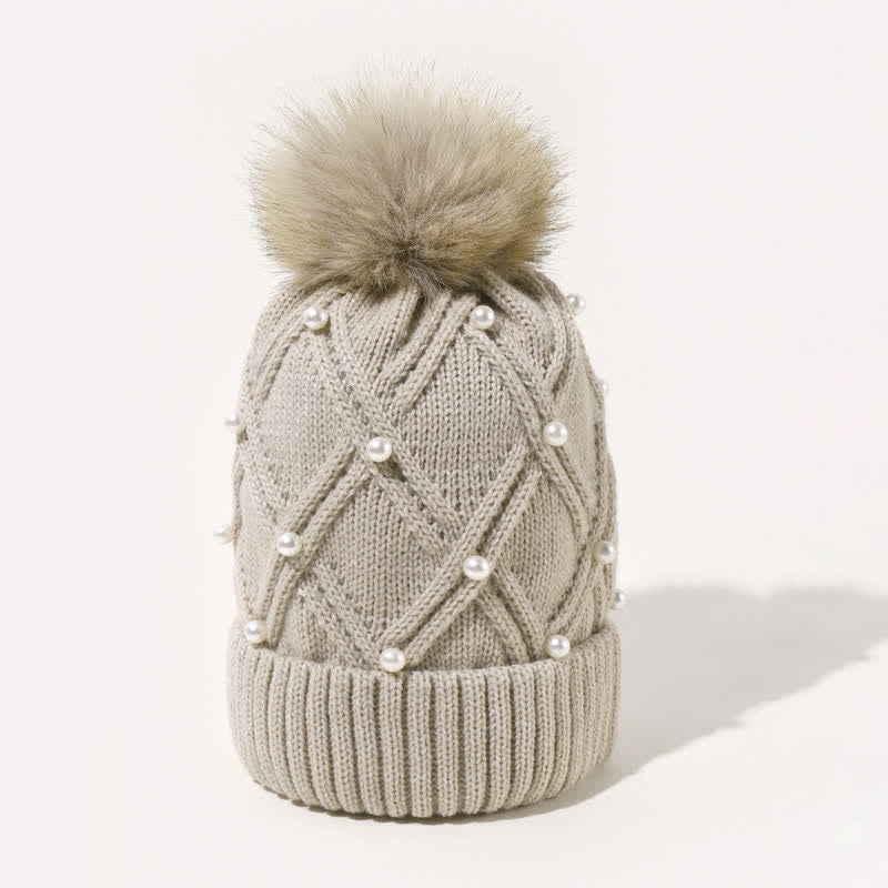 Gorro de punto elástico con pompones y perlas para mujer