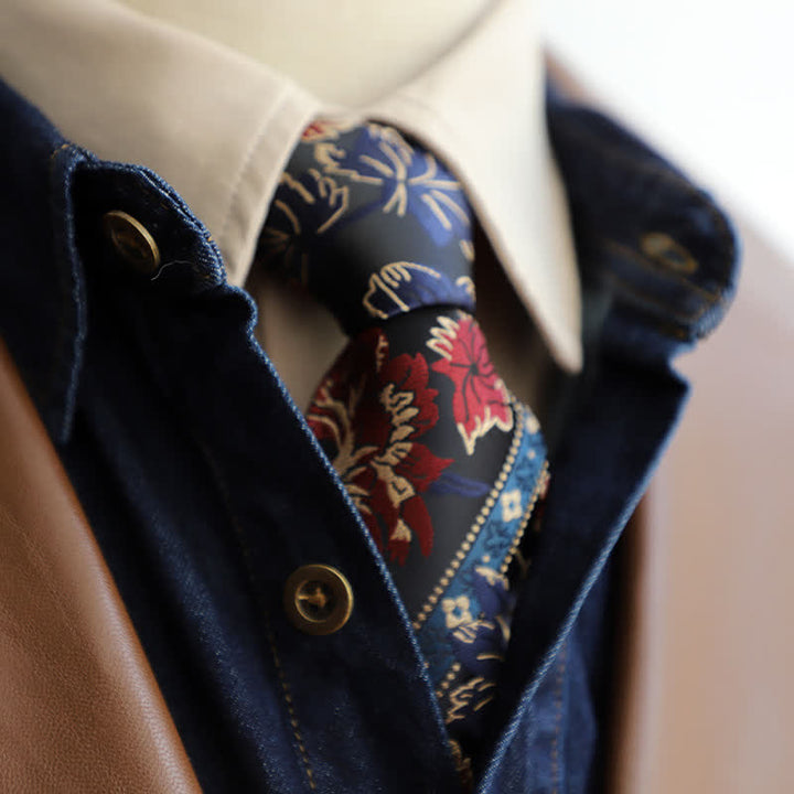 Preciosa corbata con cremallera y flores bordadas para hombre