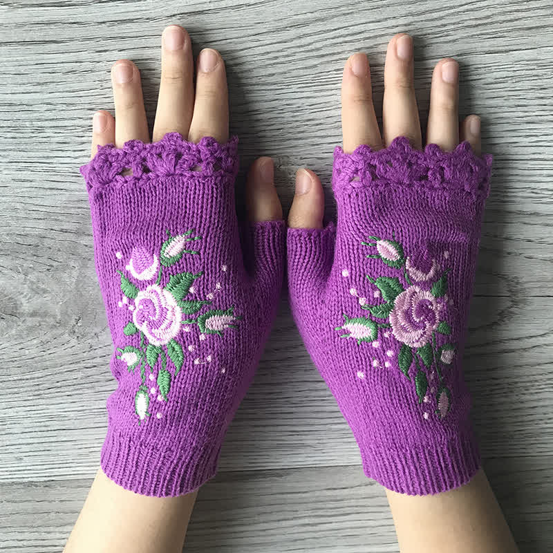 Guantes de punto de medio dedo con bordado de flores para mujer
