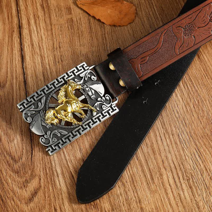 Cinturón de cuero con hebilla geométrica y diseño de caballo para hombre