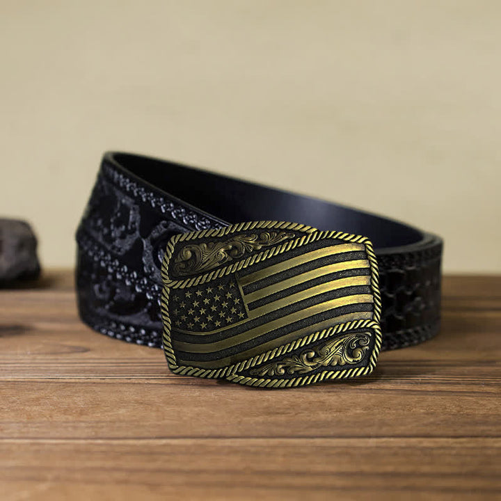 Cinturón de cuero con hebilla antigua de la bandera estadounidense para hombre, hecho a mano