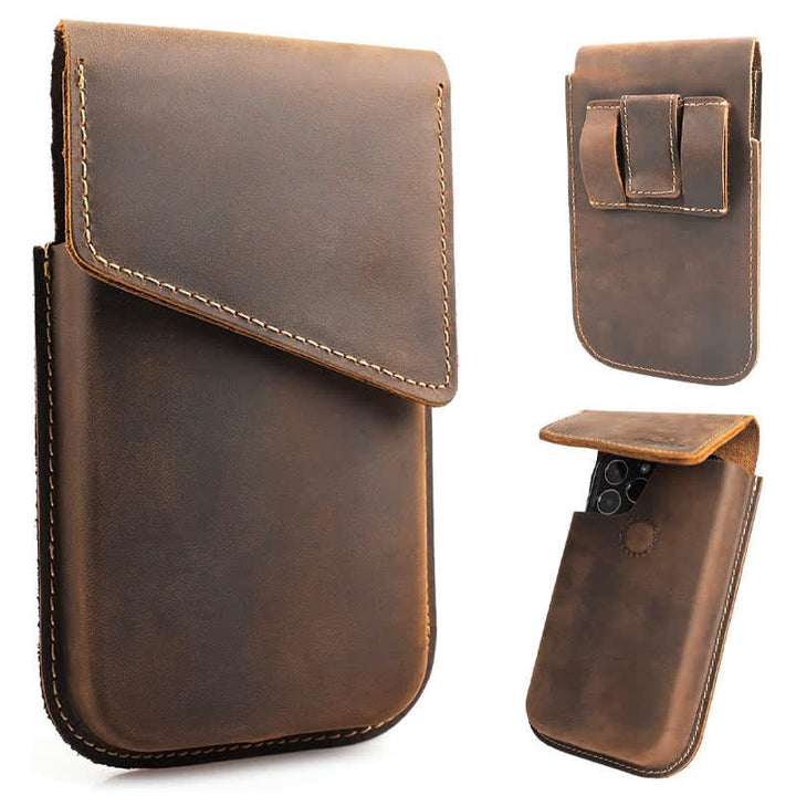 Funda para teléfono móvil con tapa magnética de piel auténtica y cinturón