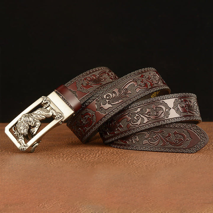 Cinturón de cuero con estampado floral y hebilla de tigre para hombre
