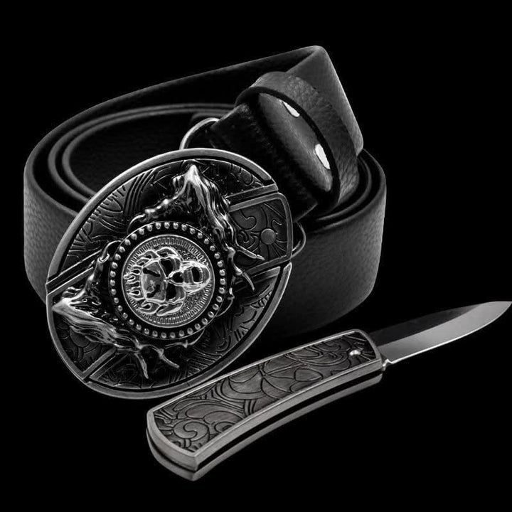 Cinturón de cuero con calavera giratoria y navaja plegable para hombre
