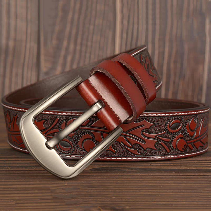 Cinturón de cuero con estampado floral en relieve para hombre