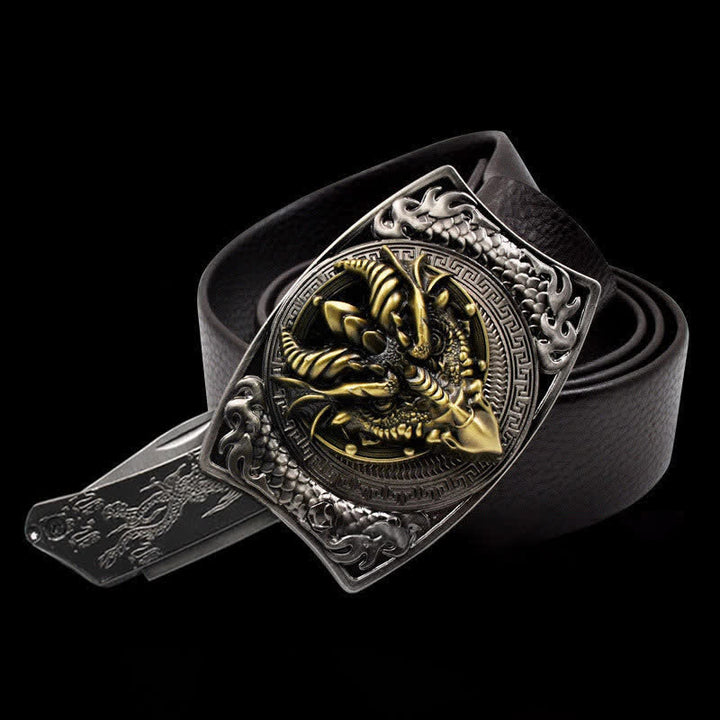 Cinturón de cuero con diseño de dragón de pico afilado para hombre con navaja plegable