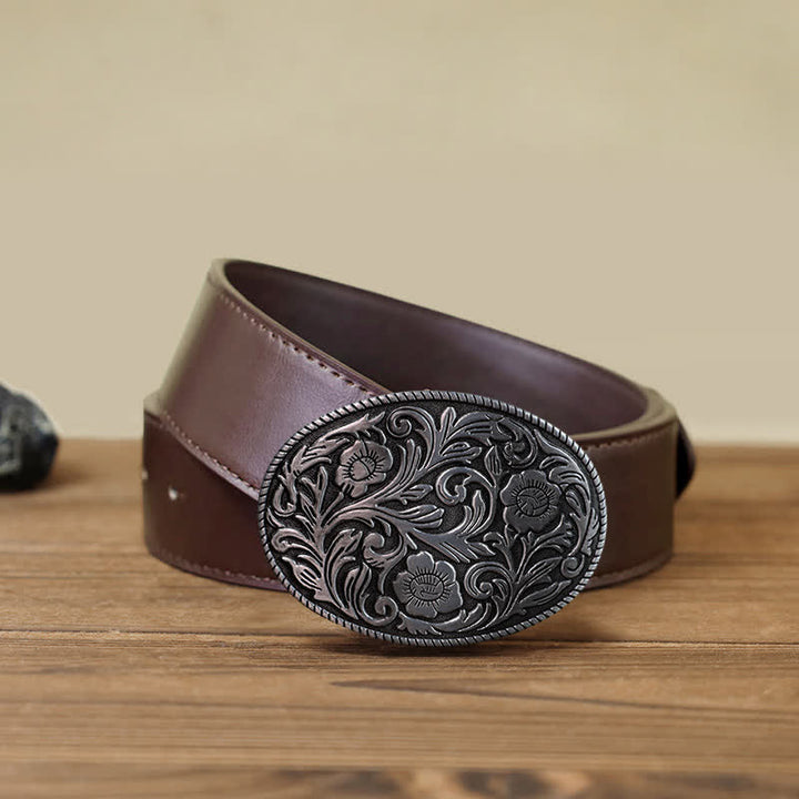 Cinturón de cuero con hebilla ovalada y diseño floral clásico para hombre hecho a mano