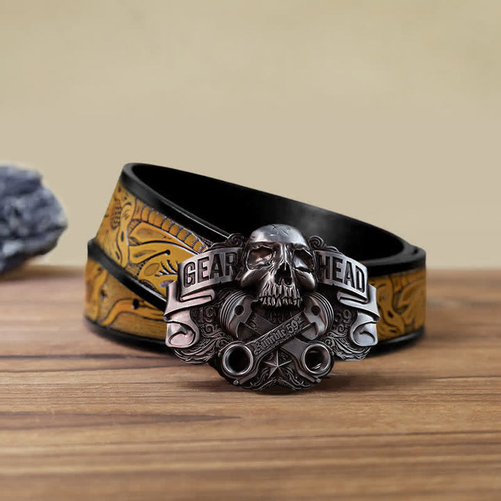 Cinturón de cuero con hebilla de calavera de pistón para hombre, hecho a mano con Gear Head
