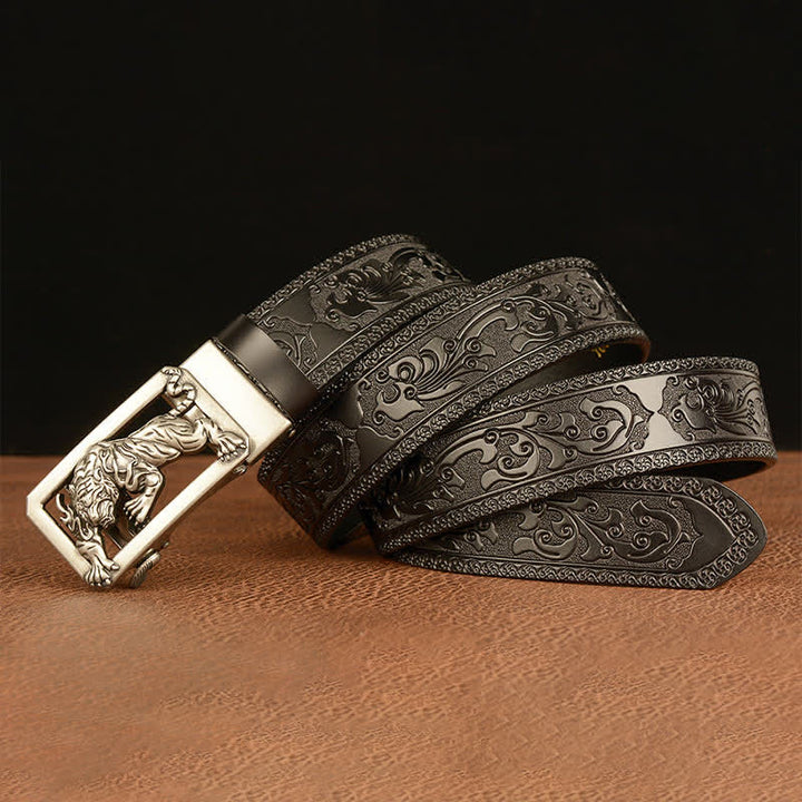 Cinturón de cuero con estampado floral y hebilla de tigre para hombre